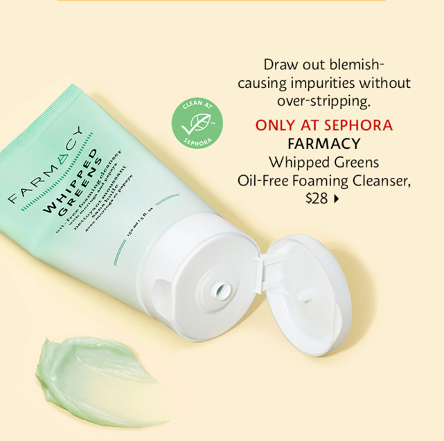 Farmacy Whipped Greens oil-free foaming cleanser with moringa and papaya. shop now.