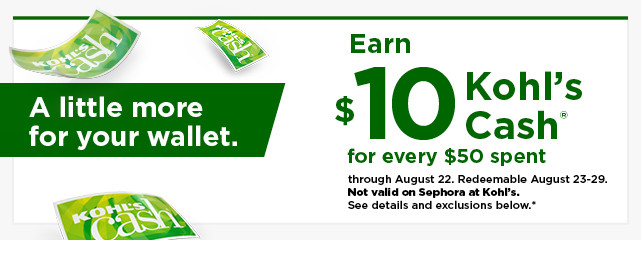 everyone gets $10 kohls cash for every $50 spent. not valid on sephora at kohl's. shop now.