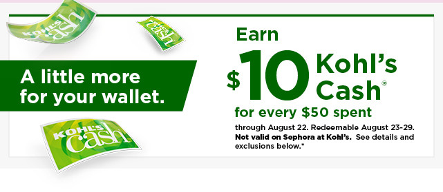 everyone gets $10 kohls cash for every $50 spent. not valid on sephora at kohls. shop now.