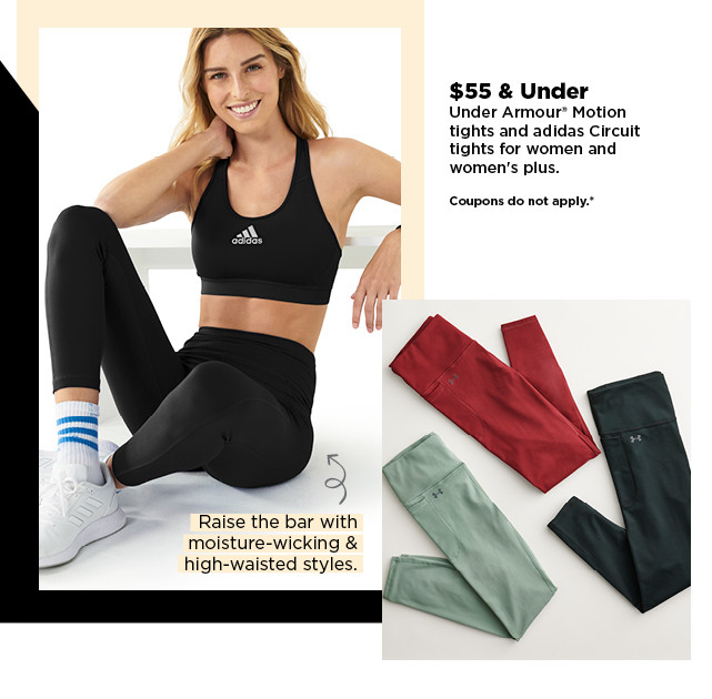 $55 and under under armour motion tights and adidas circuit tights for women. shop now.