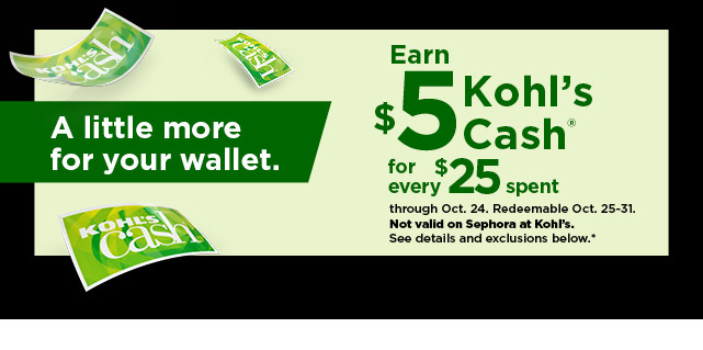 earn $5 kohls cash for every $25 spent. not valid on sephora at kohls. shop now.