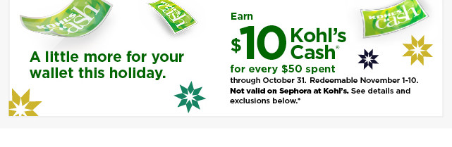 everyone gets $10 kohls cash for every $50 spent. not valid on sephora at kohls. shop now.