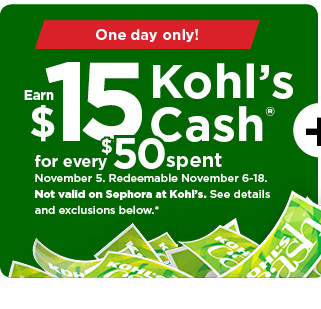 everyone gets $15 kohls cash for every $50 spent. not valid on sephora at kohls. shop now.