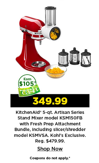 349.99 kitchenaid 5 quart artisan series stand mixer. model KSM150FB. shop now.