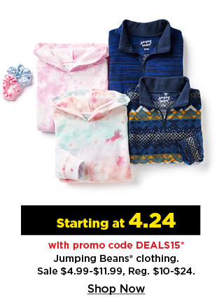 starting at $4.24 with promo code DEALS15 jumping beans clothing. shop now.