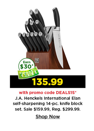 135.99 with promo code DEALS15 on JA henckels international elan self sharpening 14 piece knife block set. shop now.