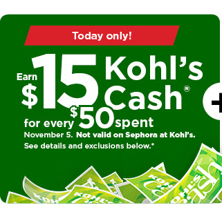 everyone gets $15 kohls cash for every $50 spent. not valid on sephora at kohls. shop now.