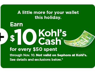 everyone gets $10 kohls cash for every $50 spent. not valid on sephora at kohls. shop now.