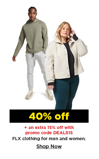 40% off plus take an extra 15% off with DEALS15 on FLX clothing for men and women. shop now.