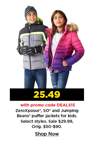 $25.49 with promo code DEALS15 ZeroXposur so and jumping beans puffer jackets for kids. shop now.