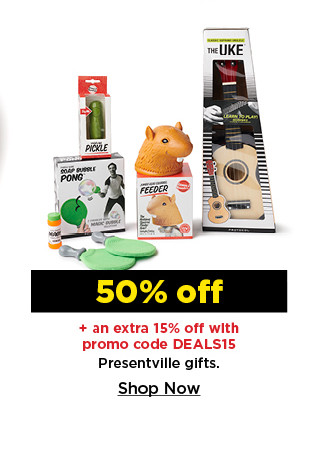 50% off plus take an extra 15% off with promo code DEALS15 on presentville gifts. shop now.