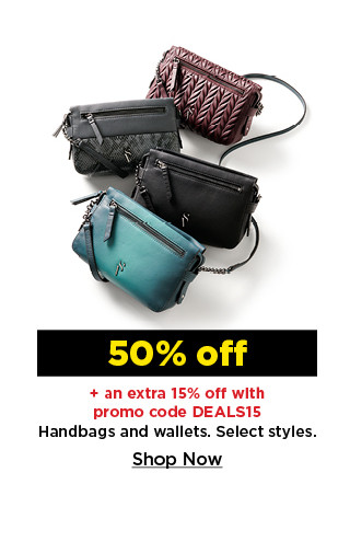 50% off plus take an extra 15% off with promo code DEALS15 on handbags and wallets. select styles. shop now.