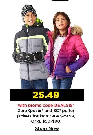 $25.49 with promo code DEALS15 zeroXposur and so puffer jackets for kids. shop now.