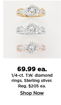 69.99 each quarter carat sterling silver diamond rings. shop now.