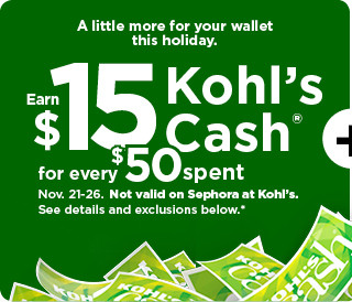 everyone gets $15 kohls cash for every $50 spent. not valid on sephora at kohls. shop now.