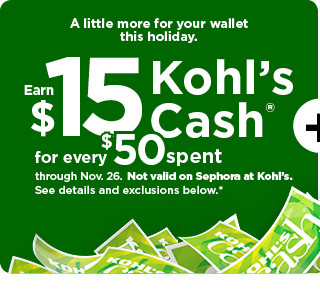 everyone gets $15 kohls cash for every $50 spent. not valid on sephora at kohls. shop now.