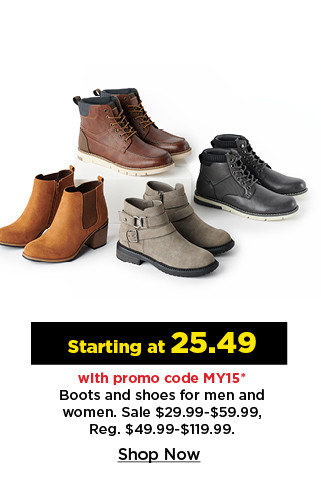 starting at 25.49 with promo code MY15 on boots and shoes for men and women. shop now.