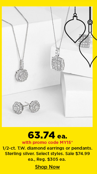 63.74 with promo code MY15 on half carat diamond earrings or pendants. sterling silver. shop now.