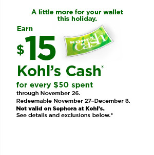 everyone gets $15 kohls cash for every $50 spent. not valid on sephora at kohls. shop now.