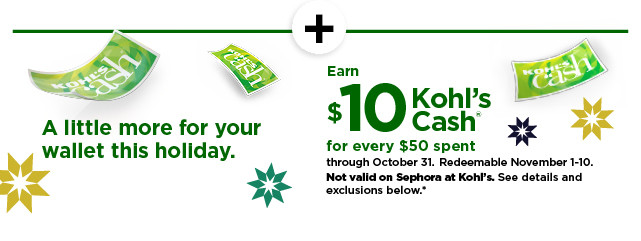 everyone gets $10 kohls cash for every $50 spent. not valid on sephora at kohls. shop now.