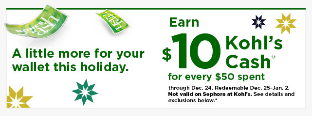 everyone gets $10 kohls cash for every $50 spent. not valid on sephora at kohls. shop now.