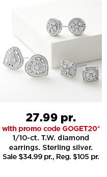 27.99 a pair with promo code GOGET20 on one tenth carat diamond earrings in sterling silver. shop now.