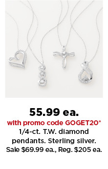 55.99 each with promo code GOGET20 on quarter carat diamond pendants. sterling silver. shop now