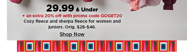 29.99 and under plus an extra 20% off with promo code GOGET20 cozy fleece and sherpa fleece for women and juniors.  shop now.