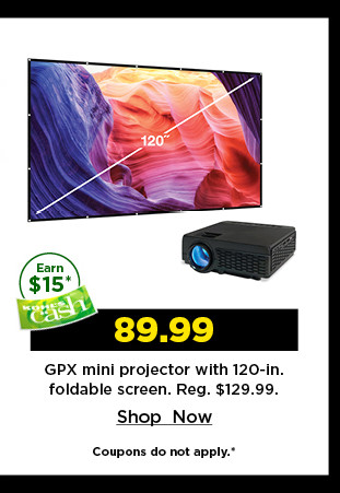 89.99 GPX mini projector with 120 inch foldable screen. shop now.