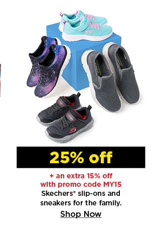 25% off plus take an extra 15% off with promo code MY15 on skechers shoes for the family. shop now.