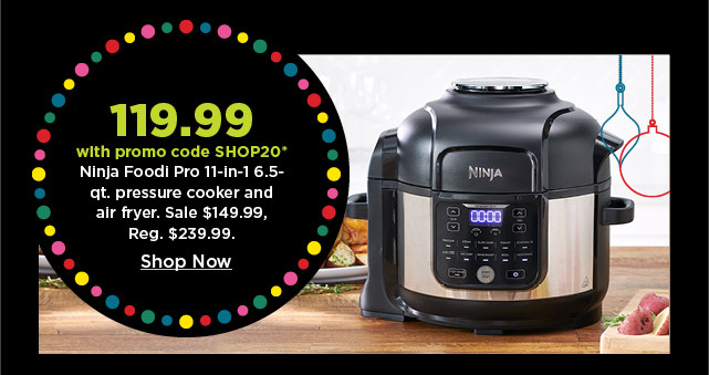 119.99 with promo code SHOP20 on ninja foodi pro 11 in 1, 6.5 quart pressure cooker and air fryer. shop now.