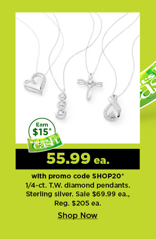 $55.99 each with promo code SHOP20 on quarter carat diamond pendants in sterling silver. shop now.