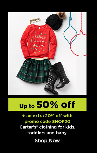 Up to 50% off Carter's clothing for kids, toddlers and baby. Plus an extra 20% off with promo code shop20. Shop Now.