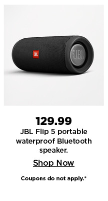 129.99 JBL flip 5 portable waterproof bluetooth speaker. shop now.