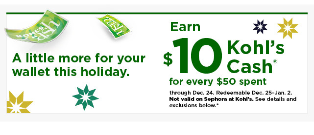 everyone gets $10 kohls cash for every $50 spent. not valid on sephora at kohl's. shop now.