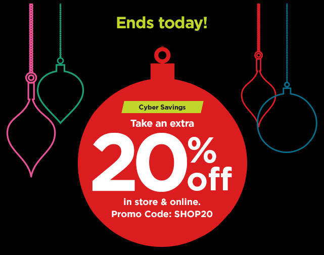 ends today. take an extra 20% off using promo code SHOP20. shop now.