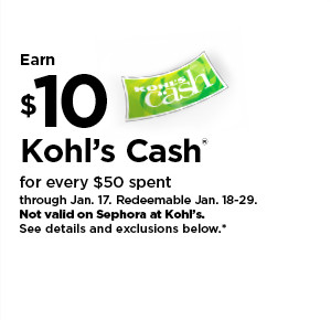 everyone gets $10 kohls cash for every $50 spent. not valid on sephora at kohl's. shop now.