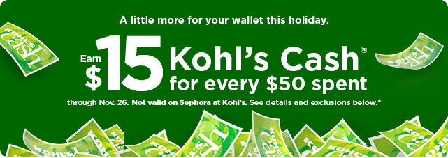 everyone gets $15 kohls cash for every $50 spent. not valid on sephora at kohls. shop now.