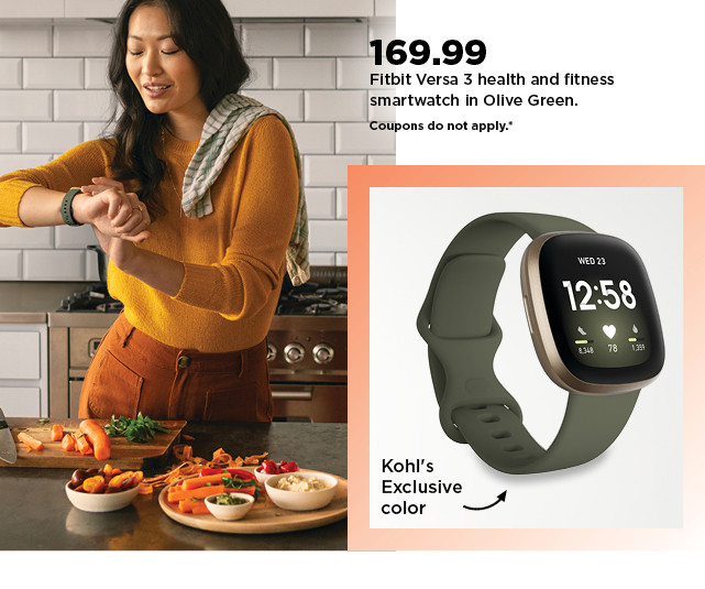 169.99 fitbit versa 3 health and fitness smartwatch in a kohl's exclusive color, olive green. shop now.