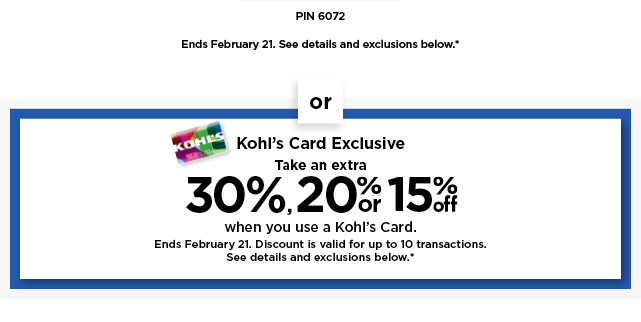 take an extra 30%, 20% or 15% off your purchase when you use your kohls card. shop now.