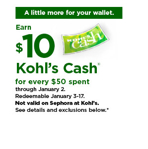 everyone gets $10 kohls cash for every $50 spent. not valid on sephora at kohl's. shop now.