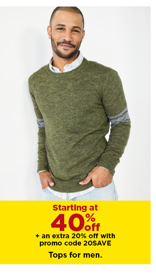 starting at 40% off plus an extra 20% off with promo code 20save tops for men.  shop now.