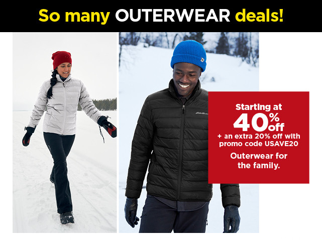 Starting at 40% off plus an extra 20% off with promo code USAVE20 outerwear for the family. Shop now.