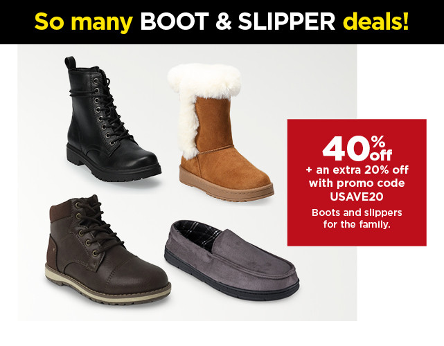 40% off plus take an extra 20% off with promo code USAVE20 on boots and slippers for the family. shop now.