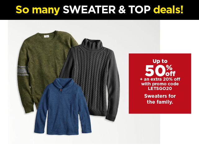 up to 50% off plus take an extra 20% off with promo code LETSGO20 on sweaters for the family. shop now.