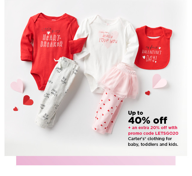 up to 40% off plus take an extra 20% off with promo code LETSGO20 on carter's clothing for baby, toddlers and kids. shop now.