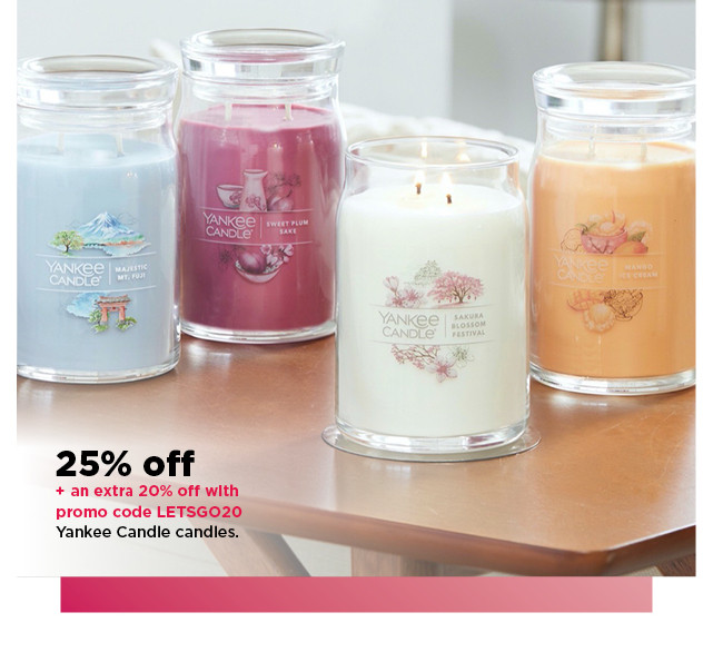 25% off plus take an extra 20% off with promo code LETSGO20 on yankee candle candles. shop now.