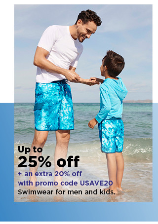 up to 25% off plus an extra 20% off with promo code USAVE20 swimwear for mens and kids. shop now.