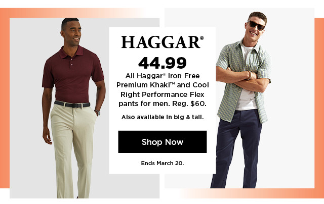 44.99 all hagger iron free premium khaki pants for men. shop now.