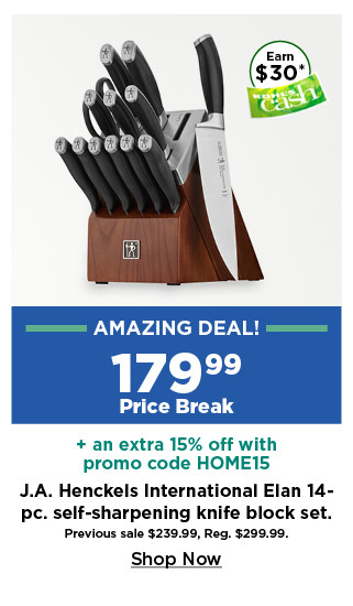 amazing deal. 179.99 plus take an extra 15% off with promo code HOME15 J.A Henckels self sharpening knife block set. shop now.